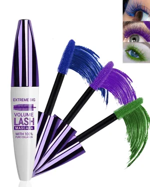 5D Colored Mascara for Eyelashes-3 Colors Blue Purple Green Longlasting Waterproof Colorful Volumizing Tubing Mascara Volume and Length, Voluminous Curling Fiber Mascara for Women Cosplay Eye Makeup