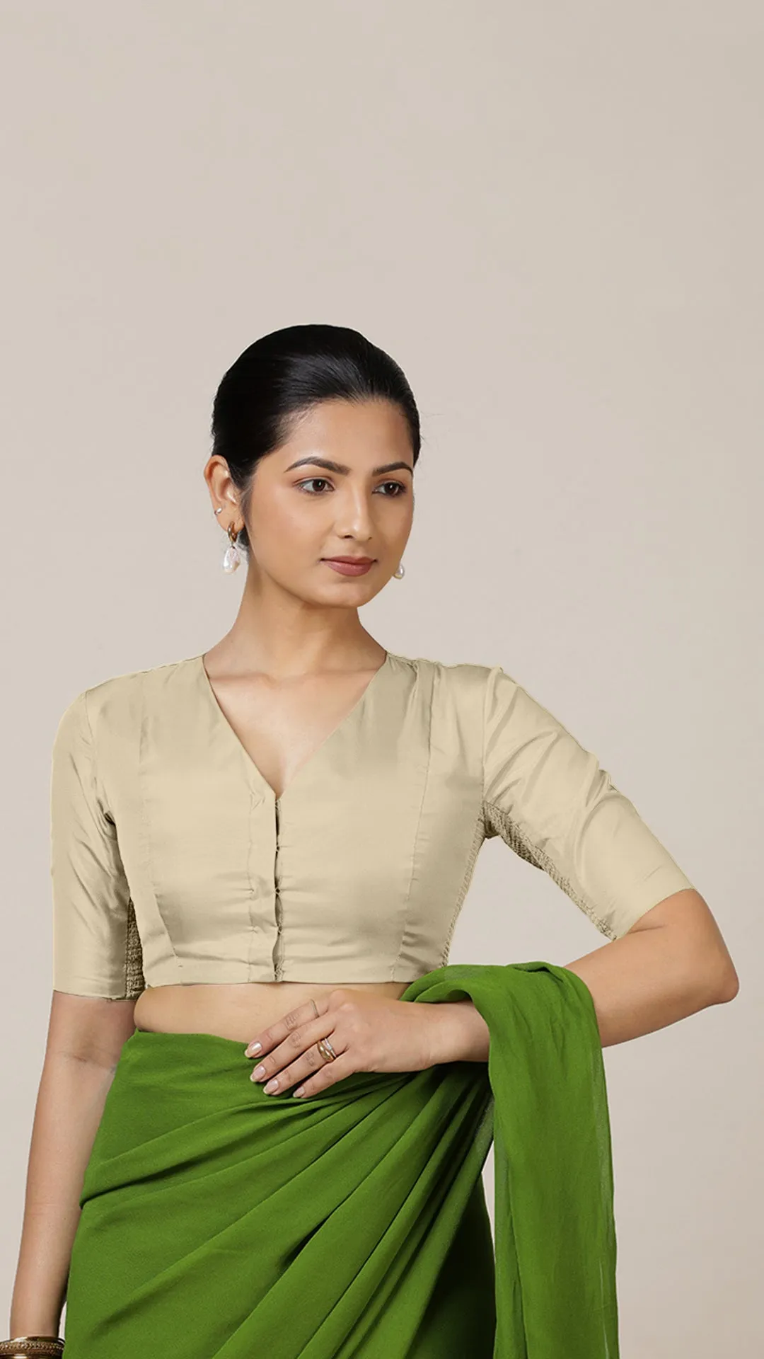 Begum x Rozaana | Elbow Sleeves Saree Blouse in Cream