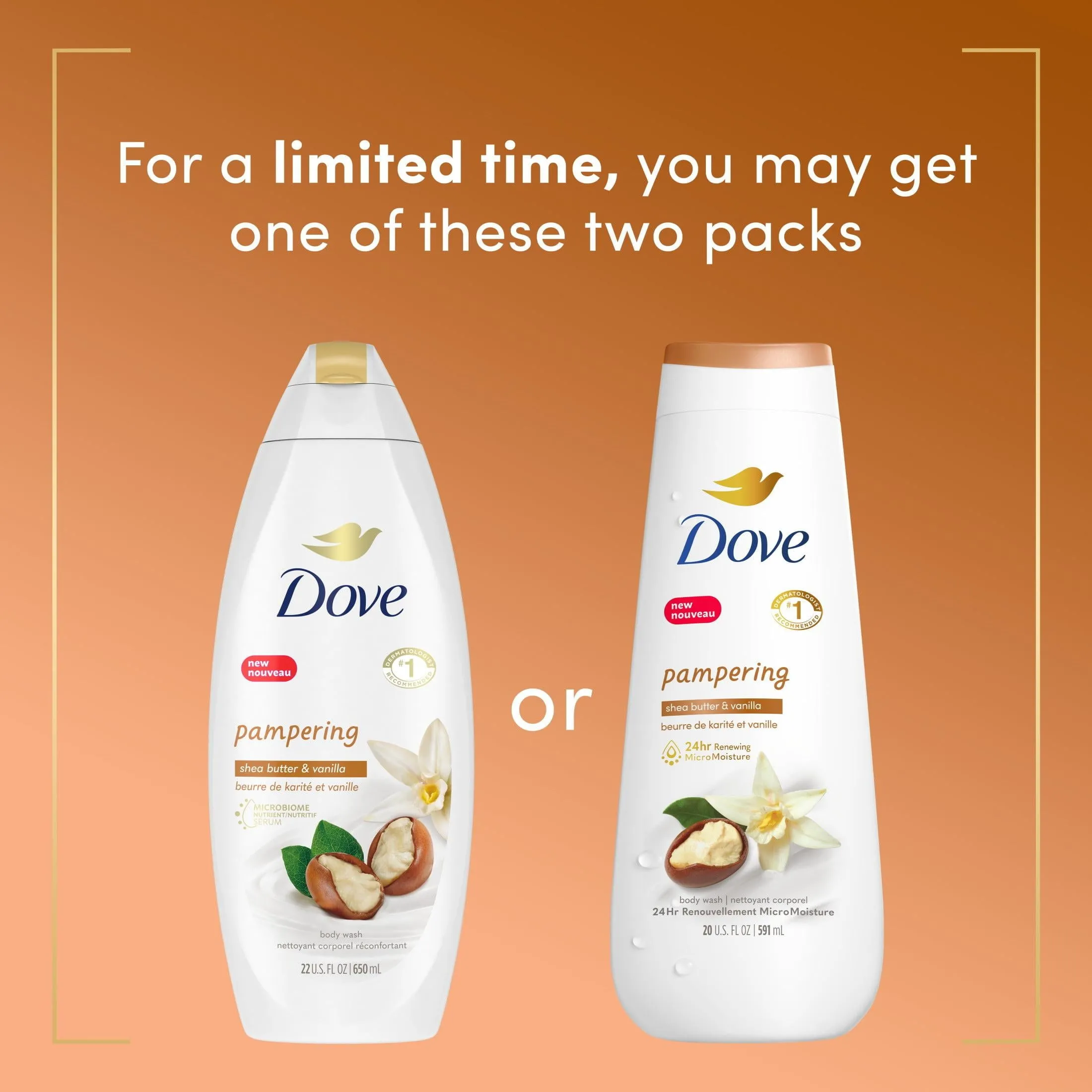 Dove Pampering Long Lasting Gentle Body Wash Twin Pack, Shea Butter and Vanilla, 20 fl oz