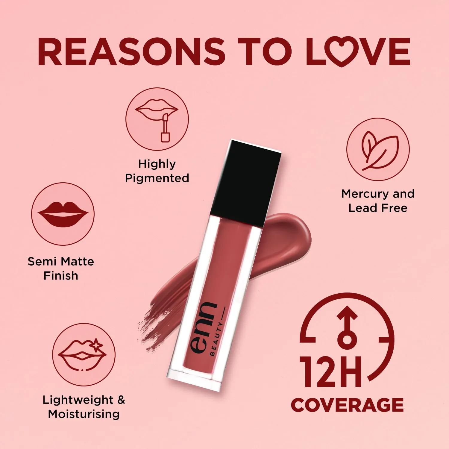 Enn Beauty Semi Matte Pink Liquid Lipstick, Long Lasting Waterproof Non Transfer Smudge Proof, Coral Cooler - 1.5ml