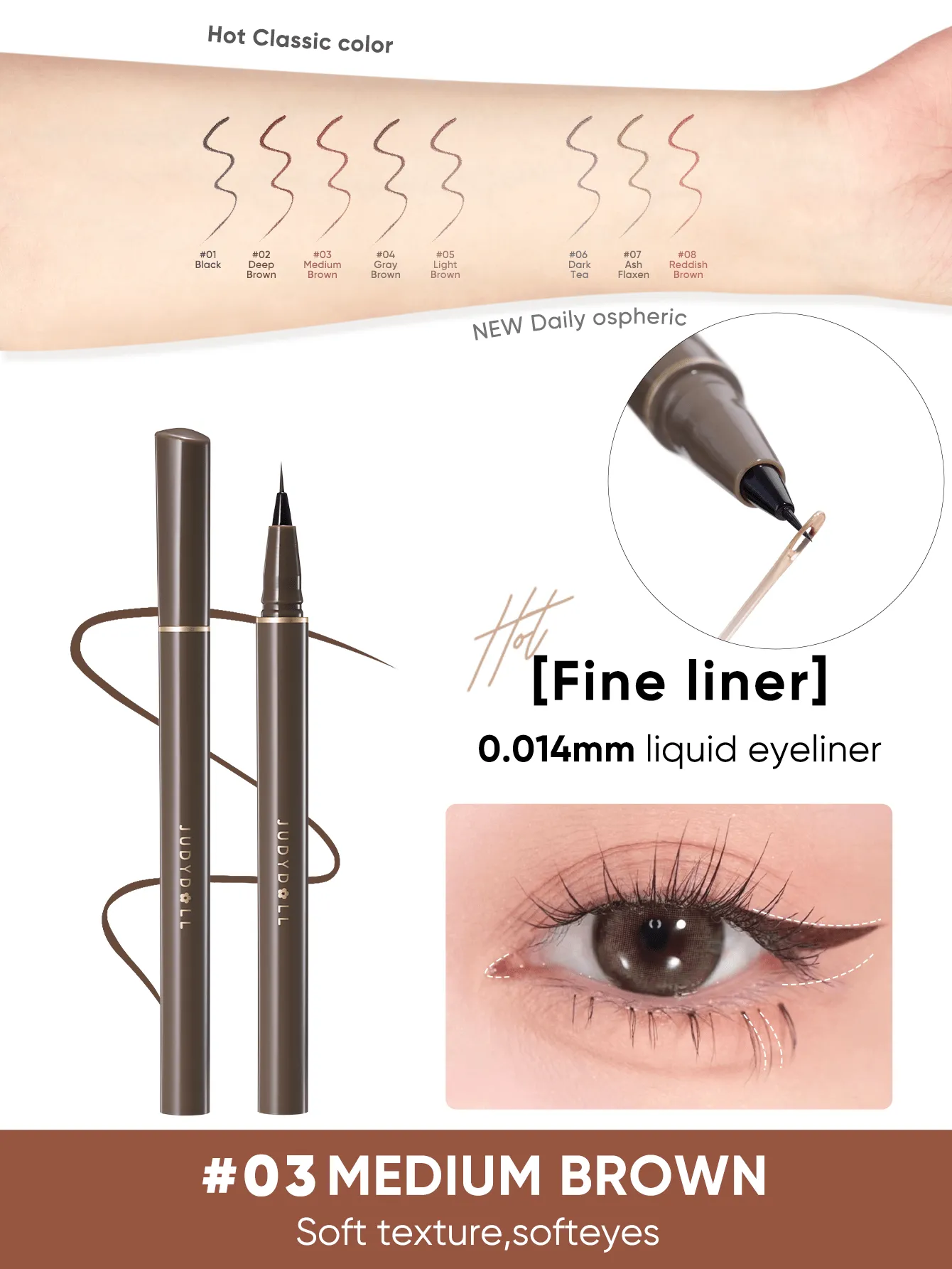 JUDYDOLL JUDYDOLL Slim Liquid Eyeliner 400mg, Ultra-Fine, Quick-Drying, Waterproof, Non-Smudging Brown Eyeliner Pen