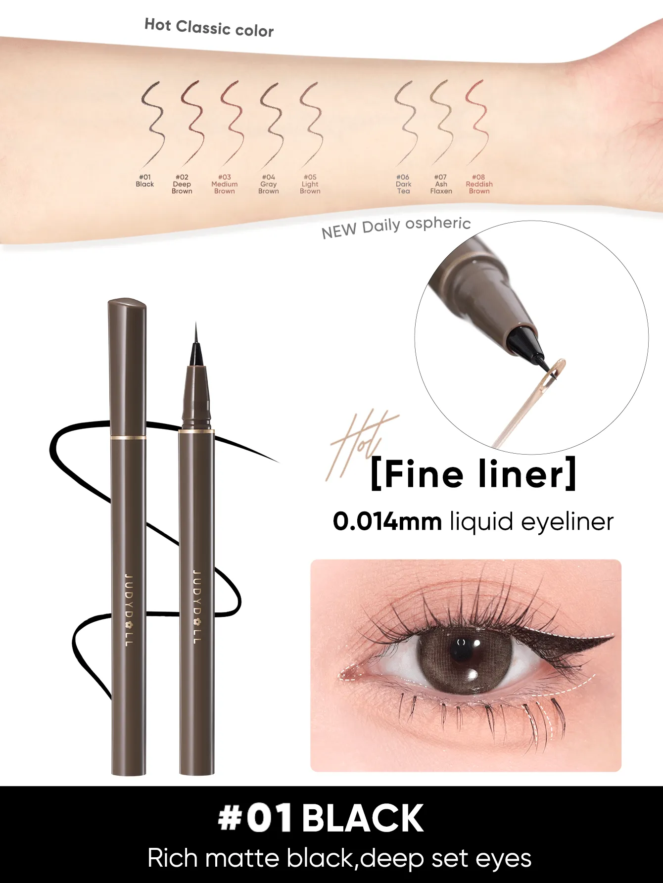 JUDYDOLL JUDYDOLL Slim Liquid Eyeliner 400mg, Ultra-Fine, Quick-Drying, Waterproof, Non-Smudging Brown Eyeliner Pen