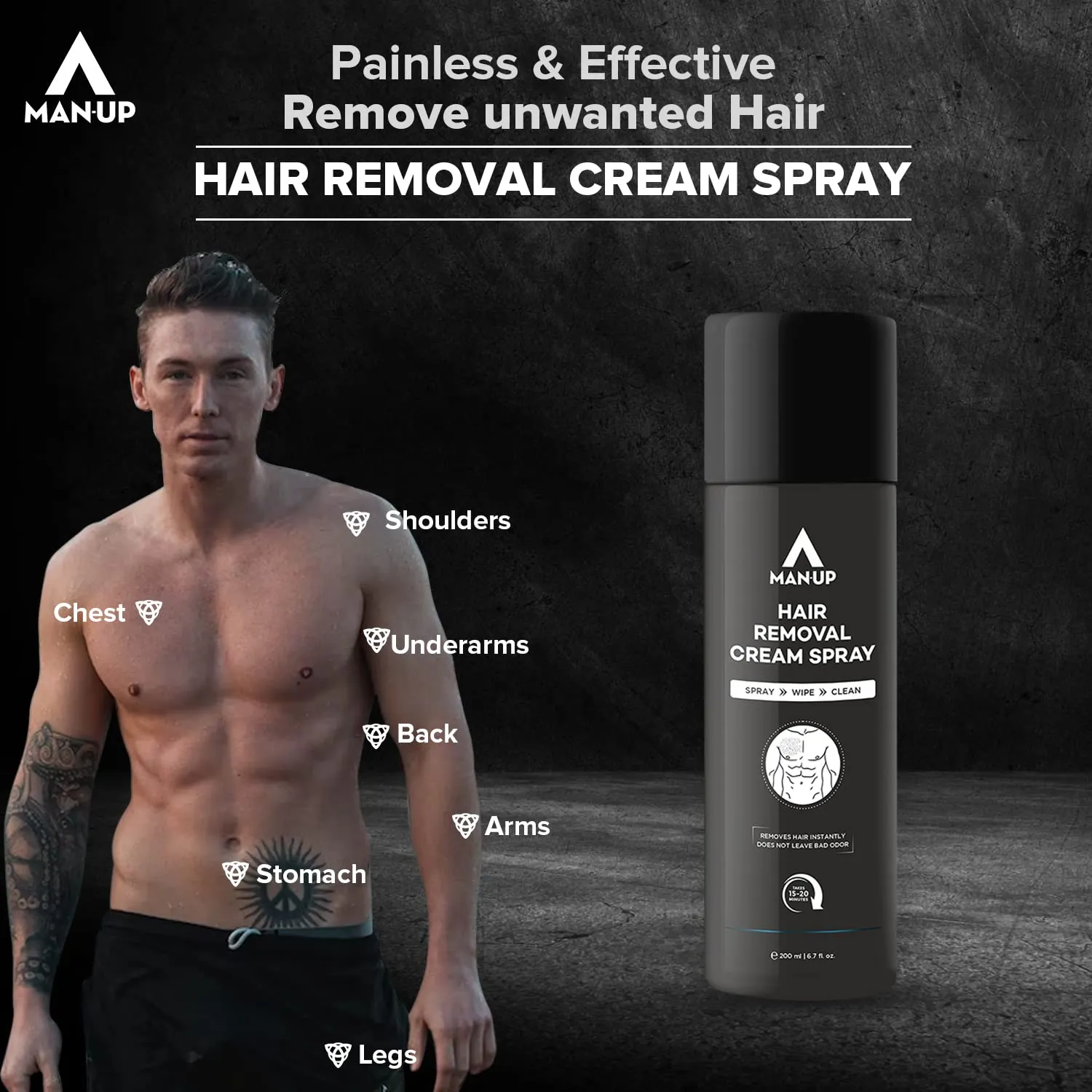 Man-Up Hair Removal Cream Spray | Painless Hair Remover Spray for Chest, Back, Armpits, Legs, Arms & Intimate Areas | Pleasant Smell | For Men – 200ml