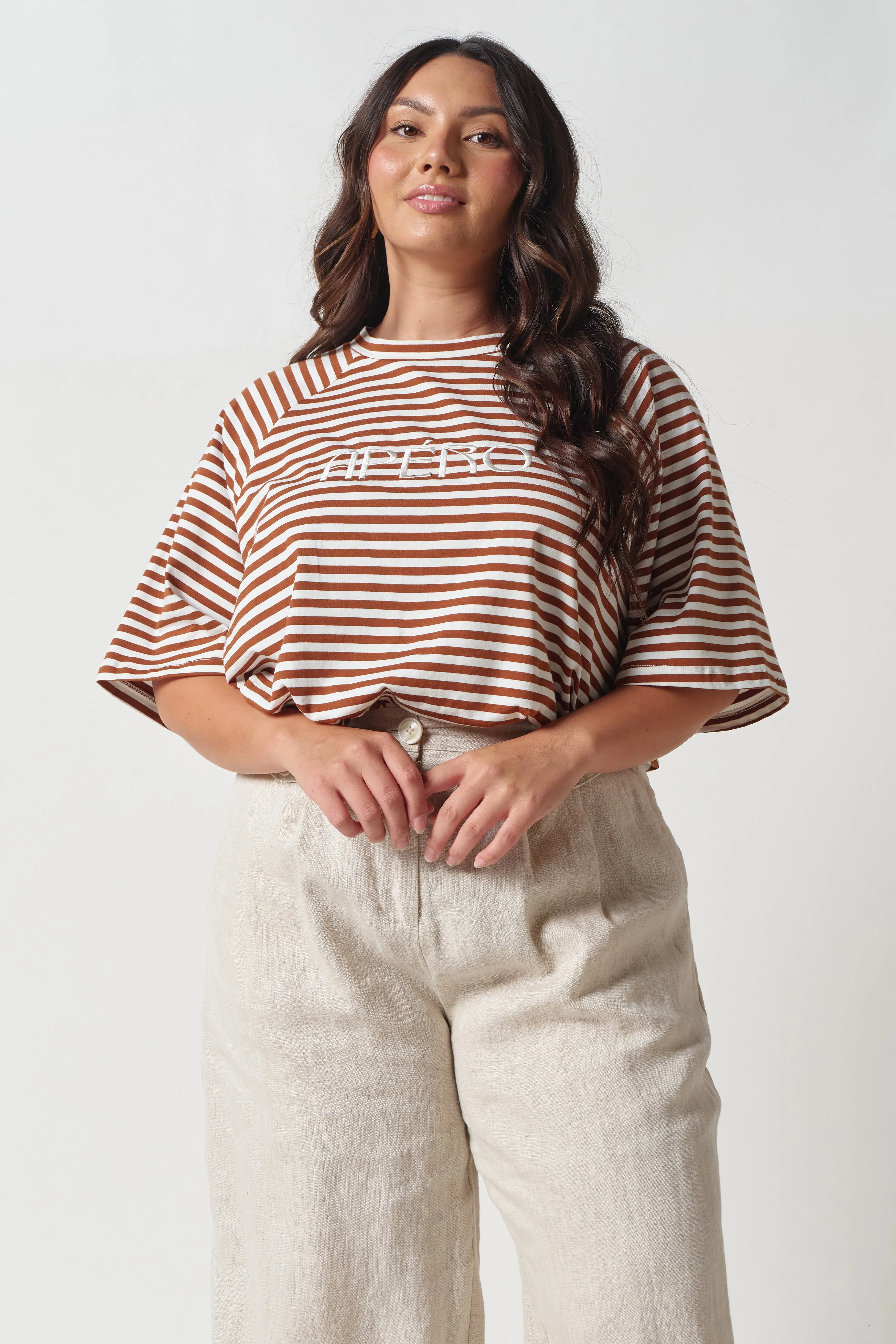 Savannah Embroidered Box-Cut Tee - Brown / White