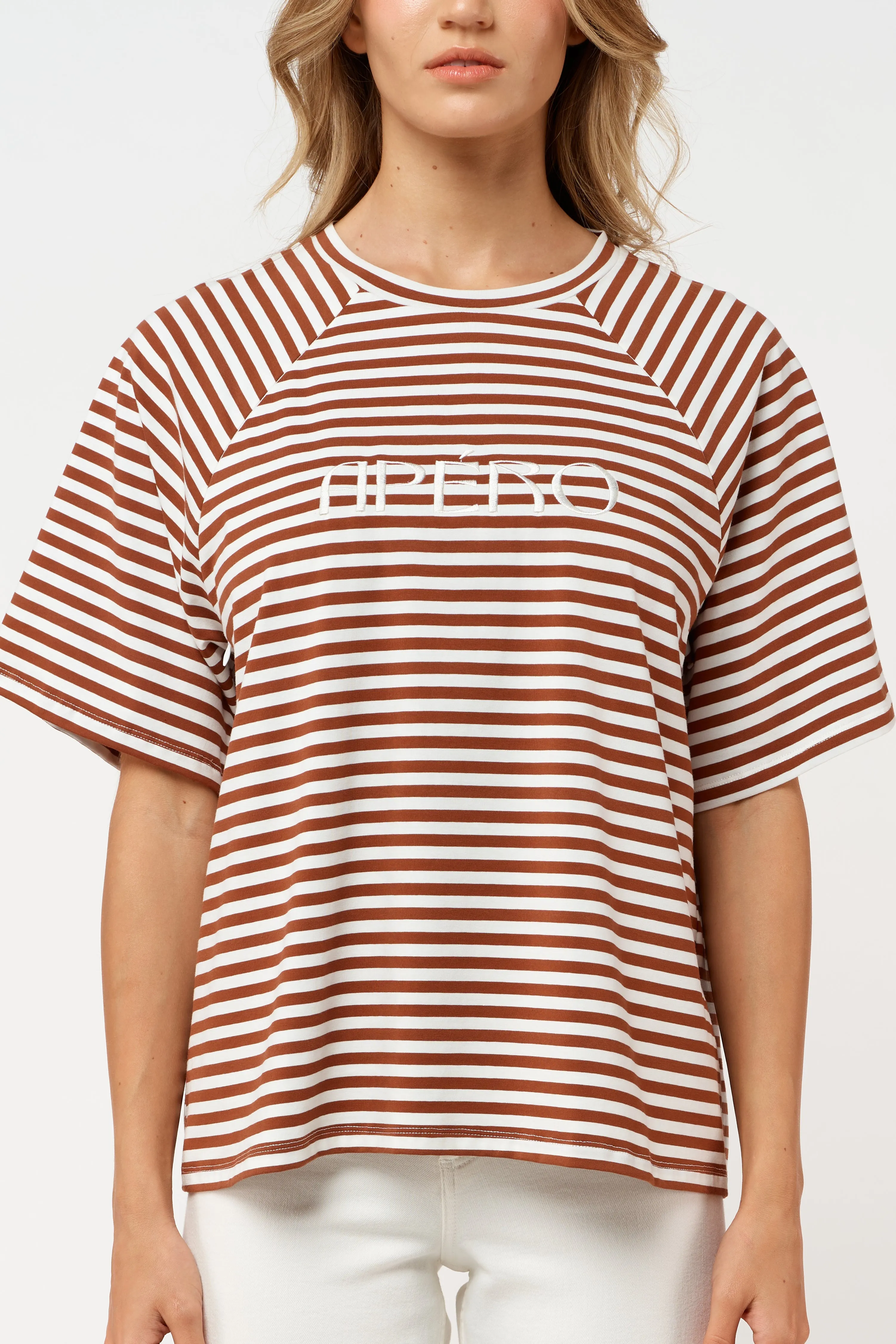 Savannah Embroidered Box-Cut Tee - Brown / White