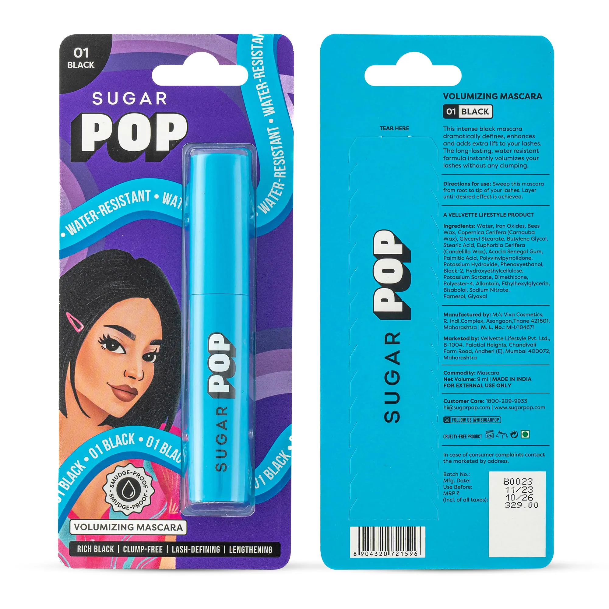 SUGAR POP Volumizing Mascara - 01 Black (Intense Black Pigment) l Adds Definition, Volumizes and Lengthens Lashes, Smudge Proof, Quick Drying, Long Lasting l Lash Defining Mascara with Ergonomically Designed Wand for Women l 9 ml