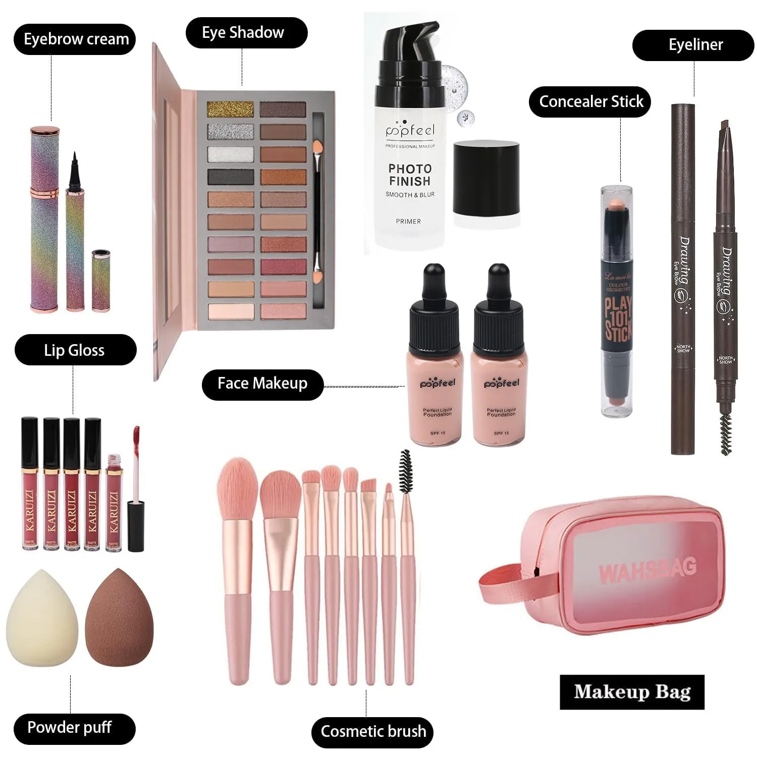 Ultimate Makeup Essentials Kit: 20 Color Palette, Brushes, Foundations & Eyeliner - Perfect Gift!