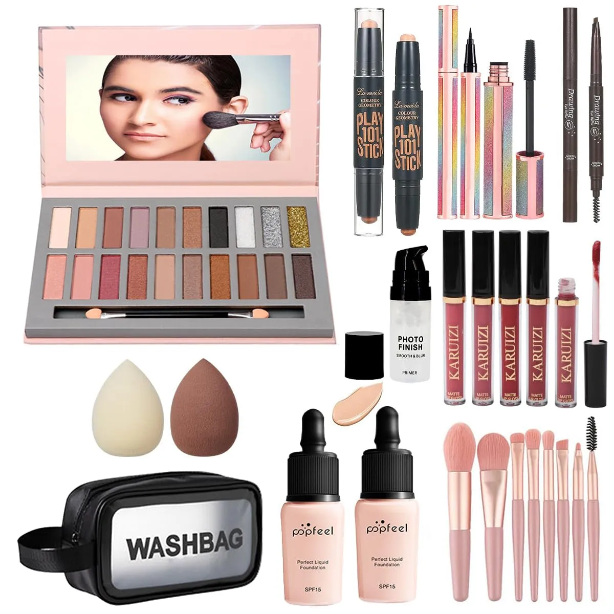 Ultimate Makeup Essentials Kit: 20 Color Palette, Brushes, Foundations & Eyeliner - Perfect Gift!